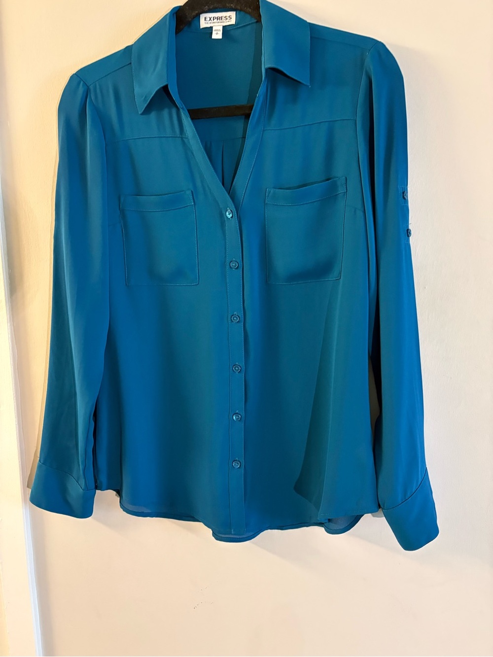 Express Teal Button-Down Blouse - Women's Casual Fashion; Office Wear; Preppy